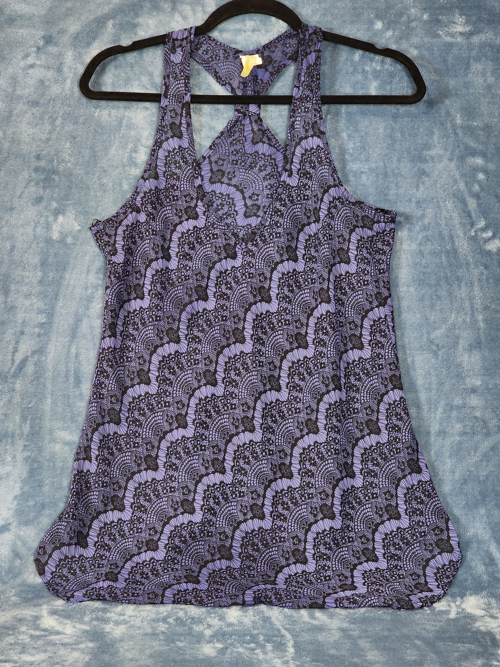 Poema Black and Blue Lace-Pattern Racerback Top